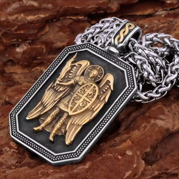 Silver & Gold Necklace Archangel St. Michael Christian Catholic Faith Steel Gift
